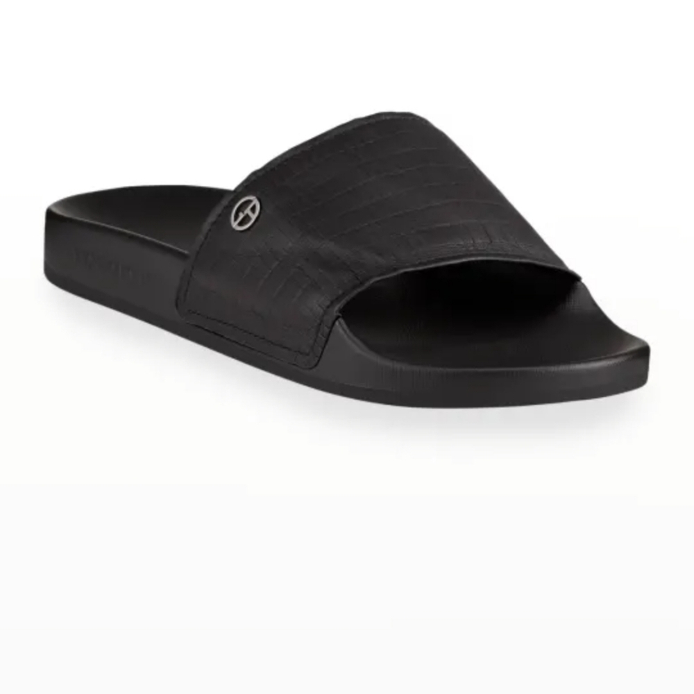 GIORGIO ARMANI MEN'S BLACK LOGO TEXTURED LEATHER POOL SLIDES us size 7